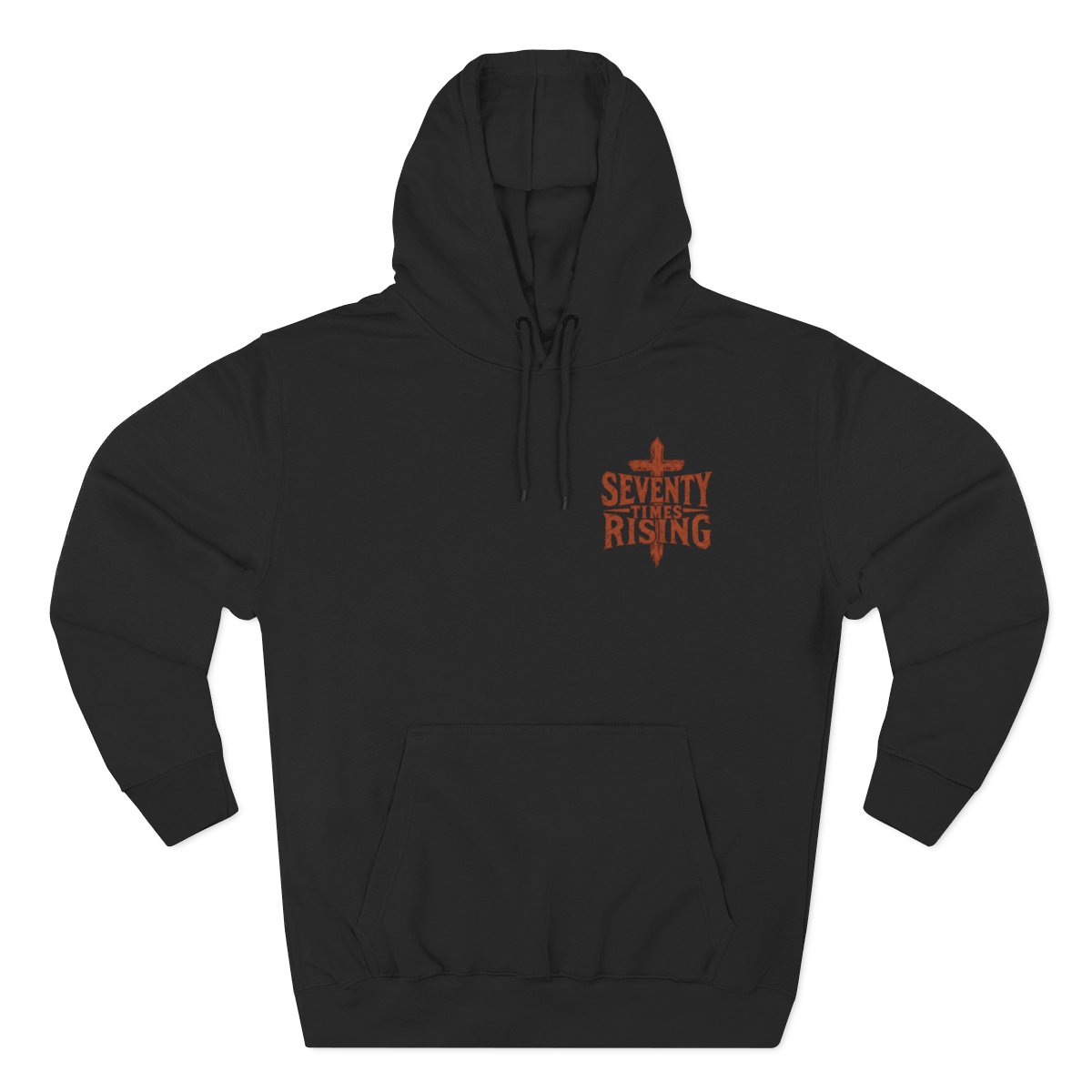 Seventy Times Rising black fleece hoodie with rust logo